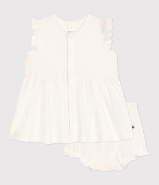 Kurz&auml;rmeliges wei&szlig;es Baby-Kleid mit Wabenmuster und Bloomer weiss