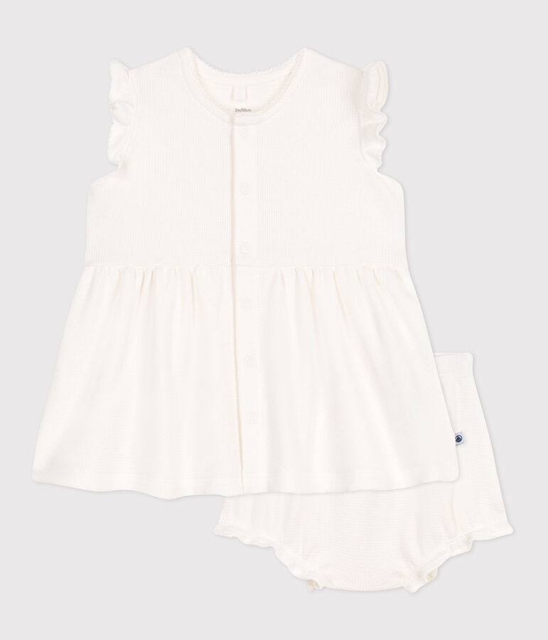 Kurz&auml;rmeliges wei&szlig;es Baby-Kleid mit Wabenmuster und Bloomer weiss