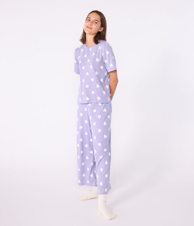 Kurz&auml;rmeliger Damen-Pyjama mit weitem Bein aus Baumwolle mit Herz-Motiv violett/weiss