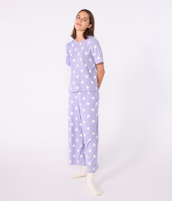 Kurzärmeliger Damen-Pyjama mit weitem Bein aus Baumwolle mit Herz-Motiv weiss SQUAW/ MARSHMALLOW