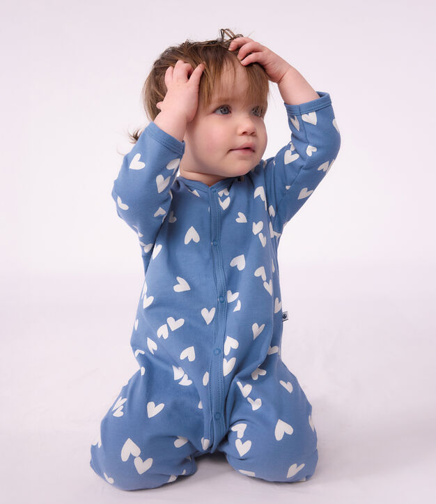 Strampler aus Molton mit Herzmotiven blau/weiss