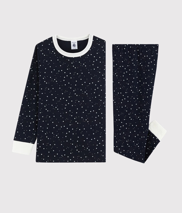 Kinderpyjama aus Rippstrick mit Sternenmuster blau/weiss