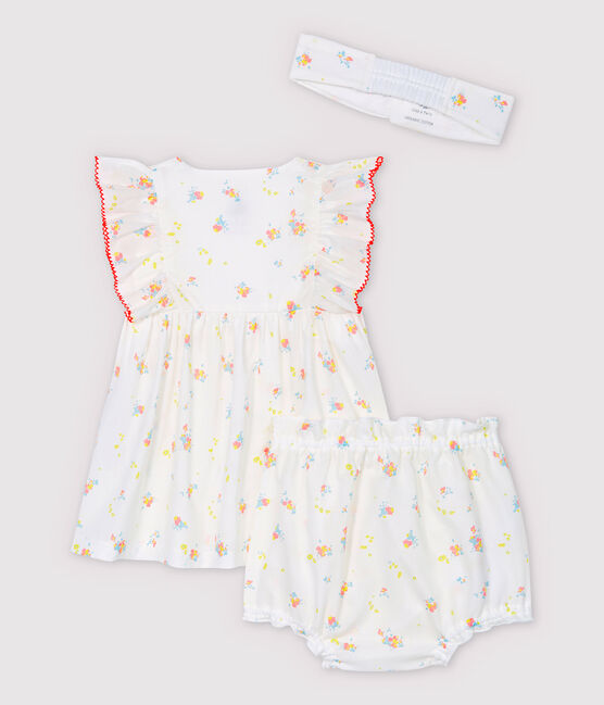 Ärmelloses Baby-Kleid mit Bloomers und Haarband für Mädchen weiss MARSHMALLOW/weiss MULTICO