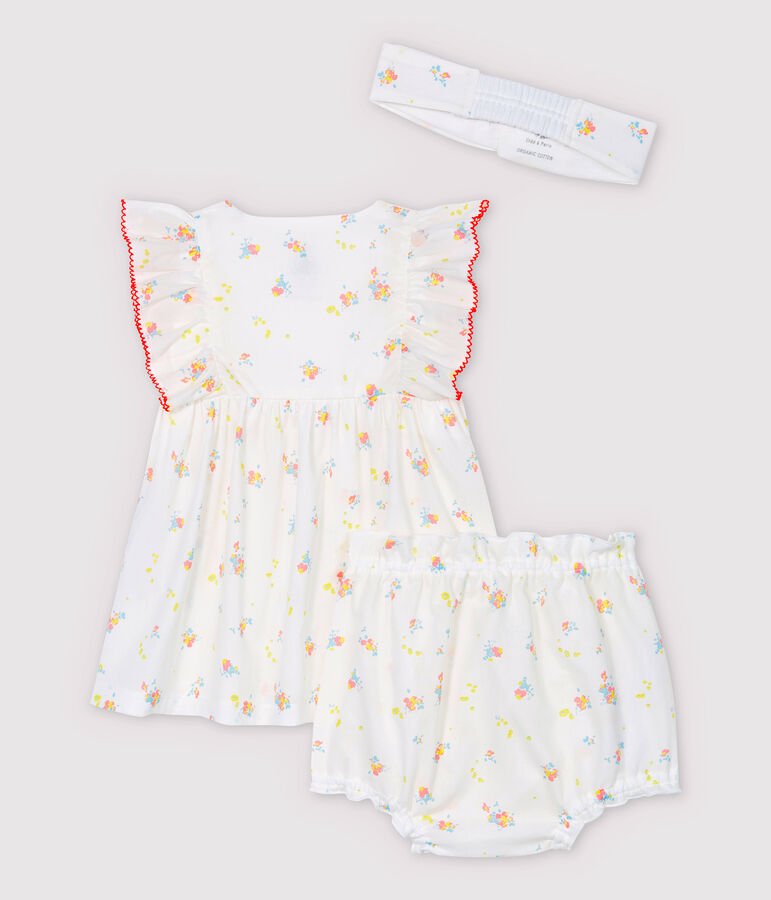 &Auml;rmelloses Baby-Kleid mit Bloomers und Haarband f&uuml;r M&auml;dchen weiss MARSHMALLOW/weiss MULTICO