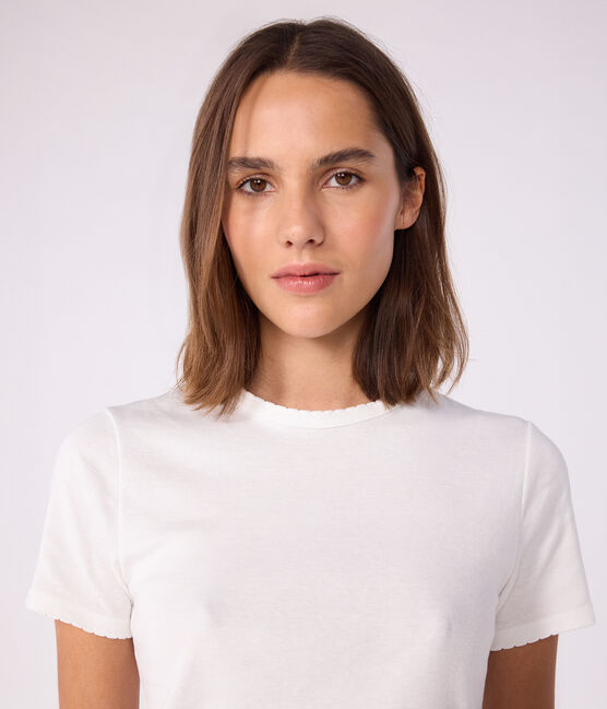 Kurzärmeliges Damen-T-Shirt L'Iconique aus einfarbigem Rippstrick weiss ECUME