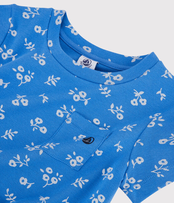 Kurzärmeliges Kleid aus Baumwolle für Mädchen blau BRASIER/grau MARSHMALLOW