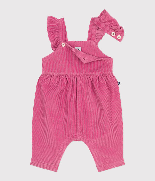 Langbeinige Baby-Latzhose aus einfarbigem Fein-Cord mit Volants rosa