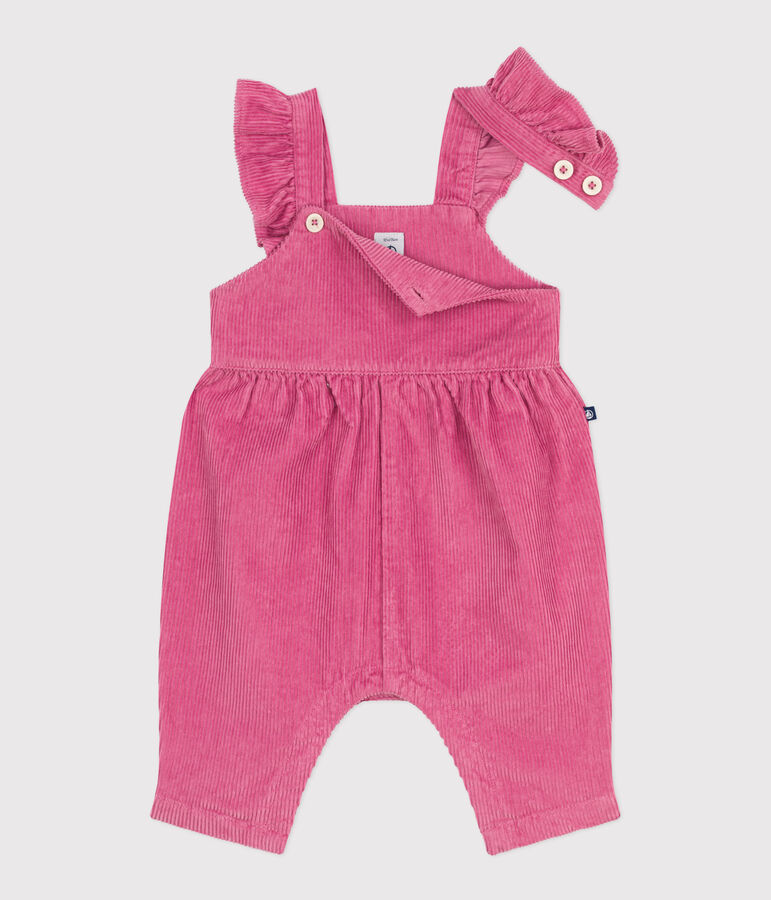Langbeinige Baby-Latzhose aus einfarbigem Fein-Cord mit Volants rosa