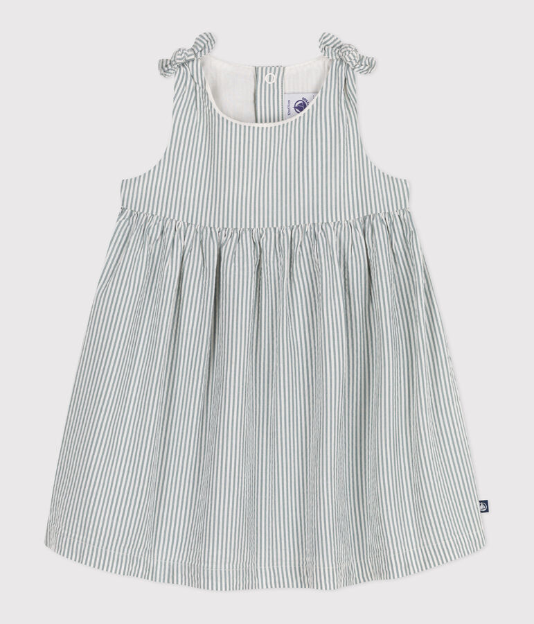 &Auml;rmelloses Baby-Kleid aus Baumwolle mit Streifen weiss MARSHMALLOW/blau BRUT