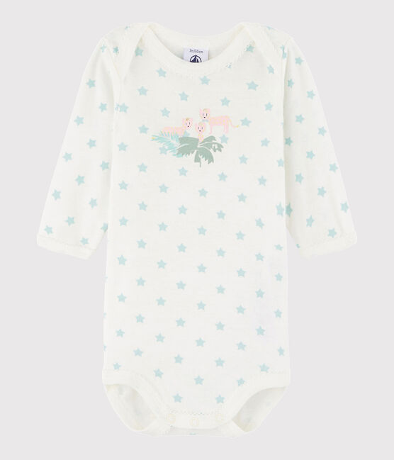 Langärmeliger Baby-Body Mädchen weiss MARSHMALLOW/grün VERGLAS