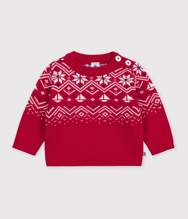 Baby-Pullover aus Wolle und Baumwolle mit Jacquard-Muster rot/vielfarbig
