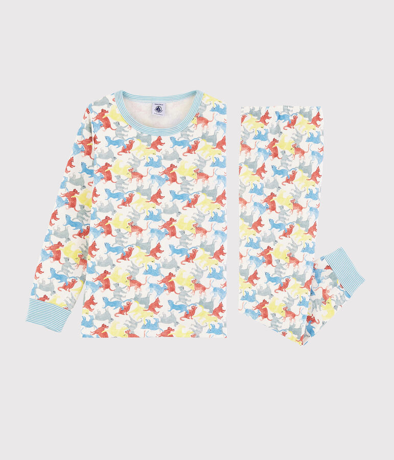 Kinderpyjama aus Molton mit Katzenmotiv f&uuml;r Jungen weiss/vielfarbig