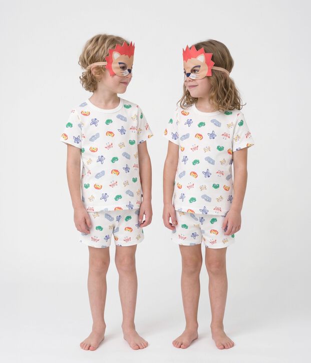 Kinder-Kurzpyjama zum Verkleiden aus Baumwolle mit Tiergesichtern weiss/vielfarbig