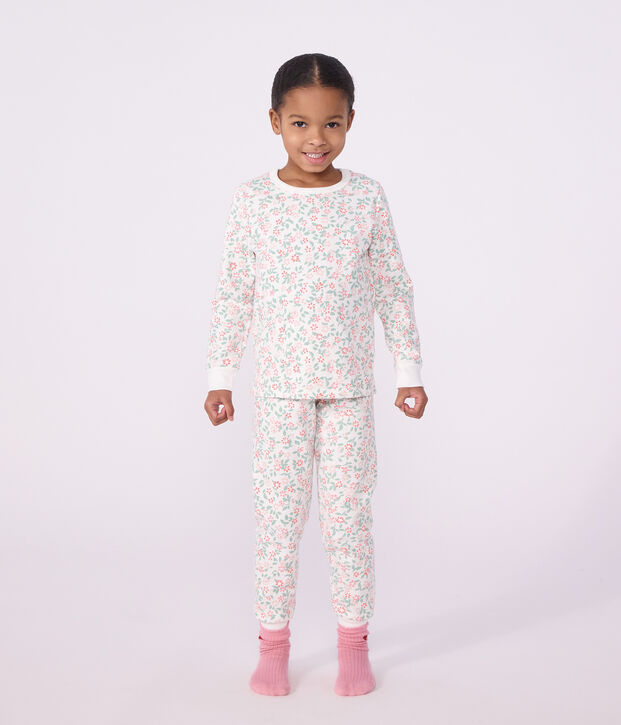Kinder-Pyjama aus Molton mit Blumenmotiv weiss/vielfarbig