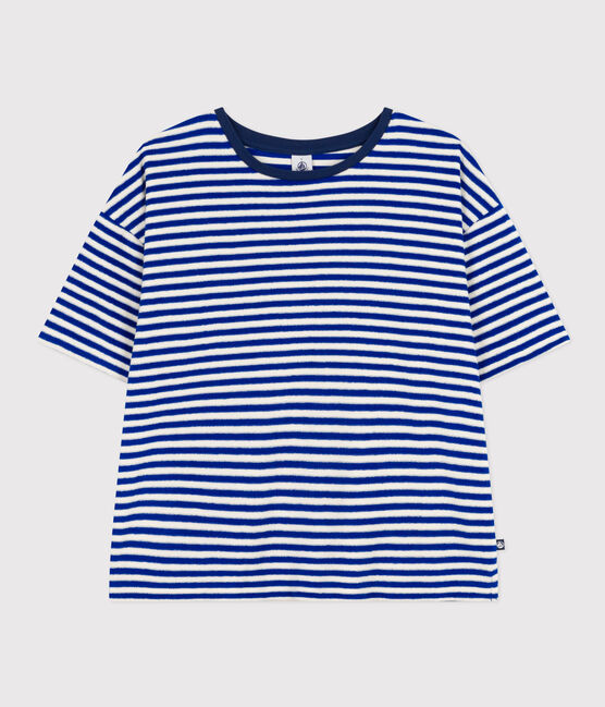 Damen-T-Shirt Le Boxy aus gestreiftem Baumwollfrottee blau SURF/ AVALANCHE