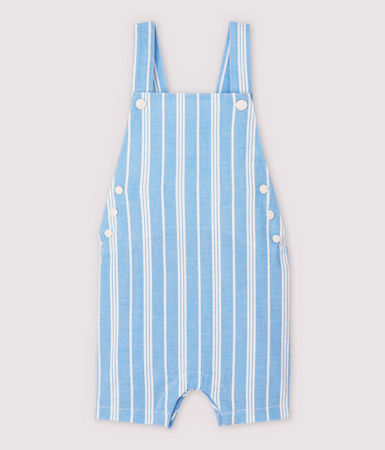 Kurze, gestreifte Baby-Latzhose aus Popeline für Jungen blau JASMIN/weiss MARSHMALLOW