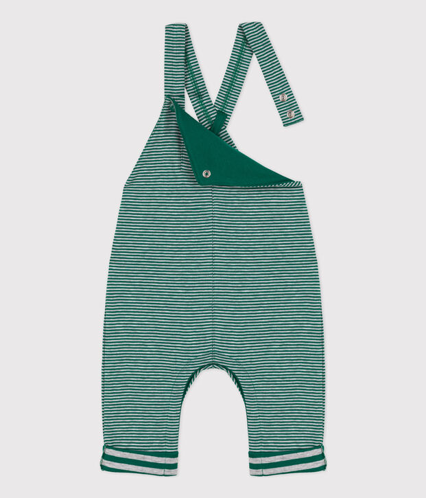 Lange Baby-Latzhose aus Doppeljersey mit Ringelstreifen gr&uuml;n/grau