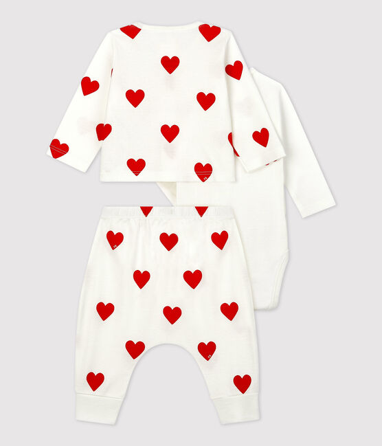 Dreiteiliges Baby-Set aus Bio-Baumwolle mit rotem Herzmuster weiss MARSHMALLOW/rot TERKUIT