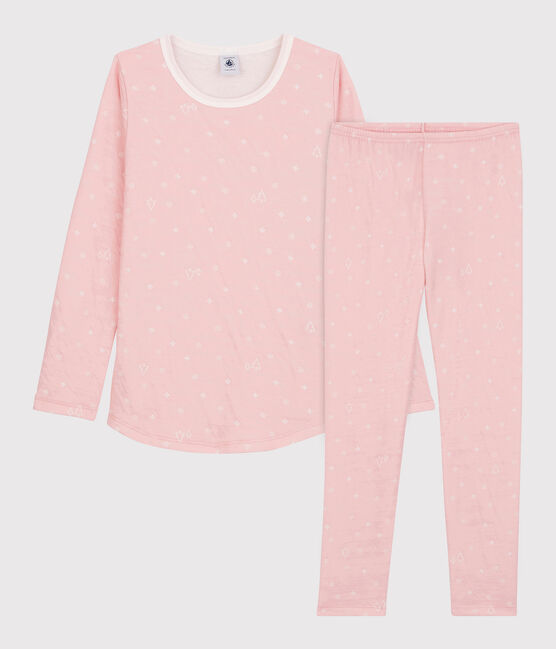 Kinderpyjama im Jacquard-Stil aus Wolle und Baumwolle mit Schneeflockenmotiv für Mädchen rosa CHARME/weiss MARSHMALLOW
