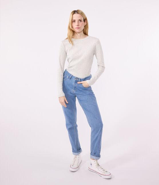 Langärmeliges Damen-T-Shirt L'Iconique aus einfarbigem Rippstrick grau BELUGA CHINE