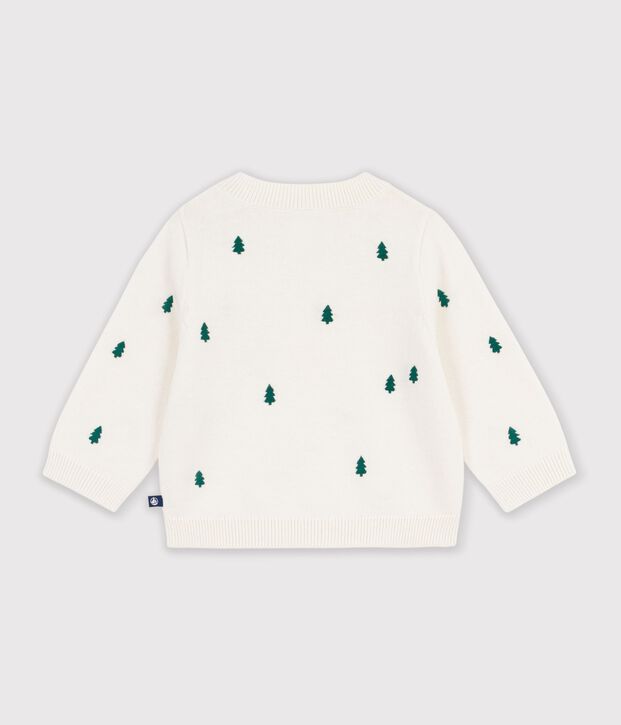 Baby-Pullover aus Wolle und Baumwolle mit bestickten Tannenb&auml;umen naturfarben/gr&uuml;n