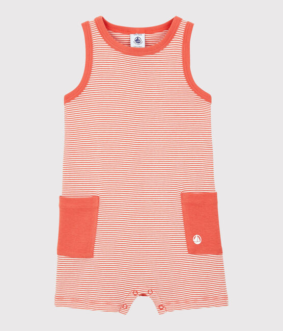 Gestreifter Baby-Kurzoverall aus Rippstrick für Jungen orange OURSIN/weiss MARSHMALLOW