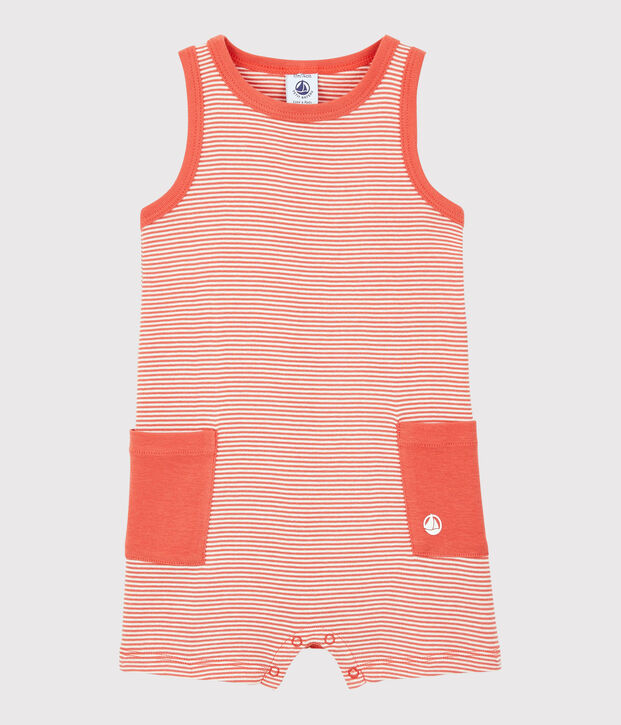 Gestreifter Baby-Kurzoverall aus Rippstrick f&uuml;r Jungen orange/weiss