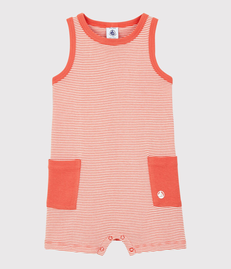 Gestreifter Baby-Kurzoverall aus Rippstrick f&uuml;r Jungen orange OURSIN/weiss MARSHMALLOW