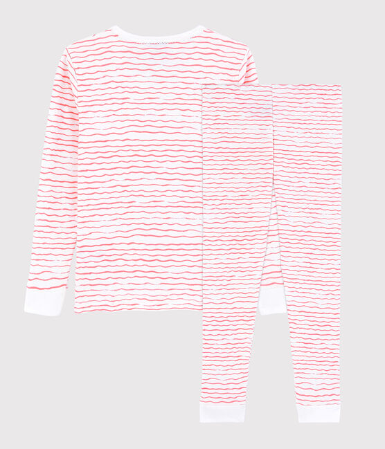 Snugfit-Kinderpyjama aus Baumwolle mit rosafarbenen Wellen für Mädchen weiss MARSHMALLOW/rosa GRETEL