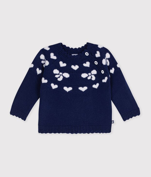 Baby-Pullover aus Wolle und Baumwolle mit Schleifenmotiv blau/naturfarben