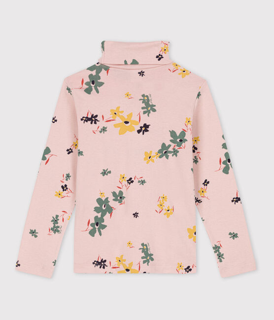 Kinder-Rollkragenshirt aus Baumwolle für Mädchen, mit Blumenmuster rosa SALINE/weiss MULTICO