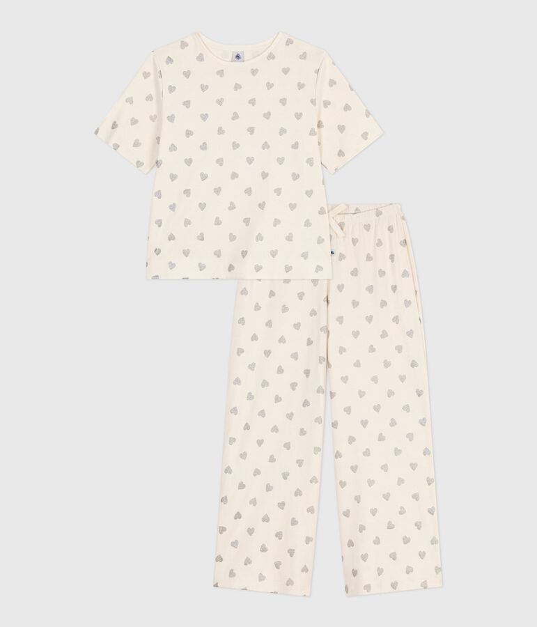 Kurz&auml;rmeliger Damen-Pyjama mit weitem Bein aus Baumwolle mit Herz-Motiv naturfarben/grau