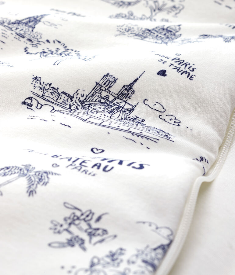 Baby-Schlafsack aus Rippstrick mit Paris-Motiv im Toile-de-Jouy-Stil weiss/blau