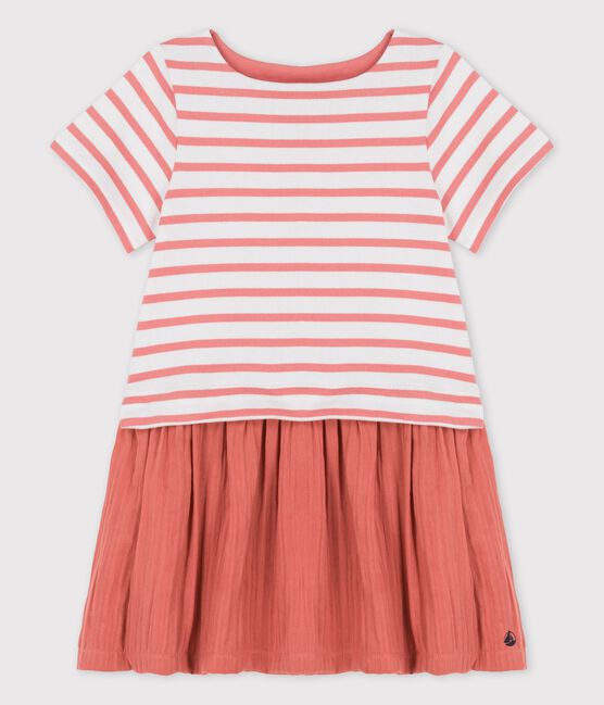 Kleid aus Bio-Baumwolljersey und -Musselinstoff für Mädchen weiss MARSHMALLOW/ PAPAYE