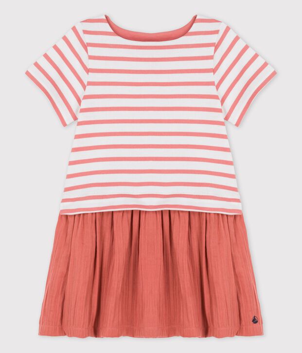Kleid aus Bio-Baumwolljersey und -Musselinstoff f&uuml;r M&auml;dchen weiss/rosa