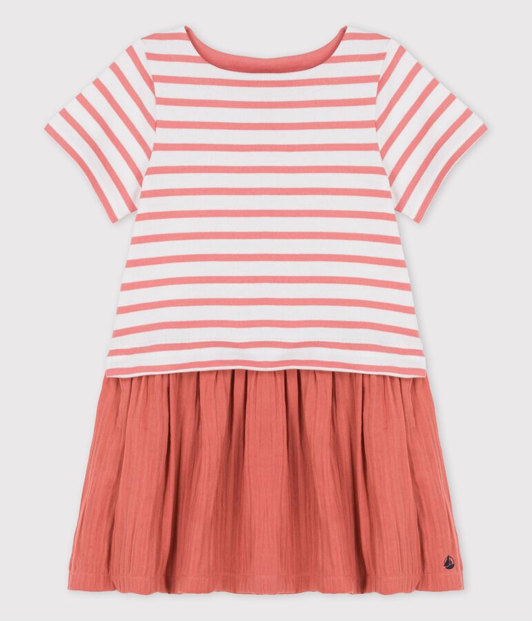 Kleid aus Bio-Baumwolljersey und -Musselinstoff f&uuml;r M&auml;dchen weiss MARSHMALLOW/ PAPAYE