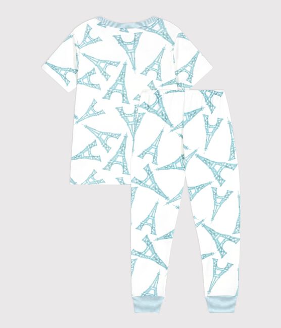 Kurzärmeliger Kinder-Pyjama mit langer Hose aus Baumwolle mit Eiffelturm-Motiv weiss MARSHMALLOW/weiss MULTICO