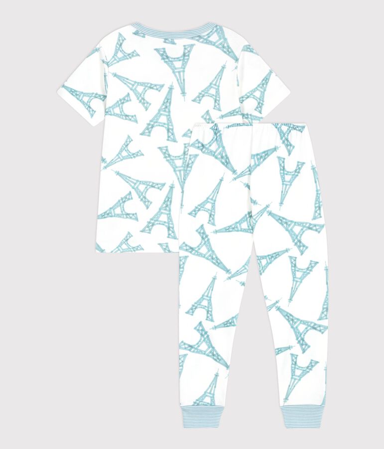 Kurz&auml;rmeliger Kinder-Pyjama mit langer Hose aus Baumwolle mit Eiffelturm-Motiv weiss/vielfarbig