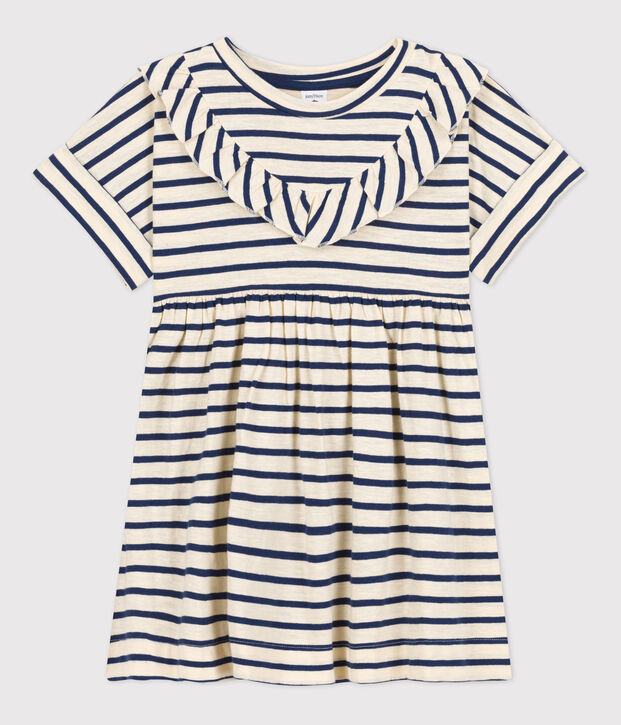 Gestreiftes Kinderkleid aus Baumwolle f&uuml;r M&auml;dchen naturfarben/blau