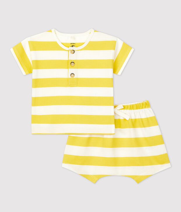Zweiteiliges Baby-Set aus Jersey mit Streifenmuster gelb/weiss