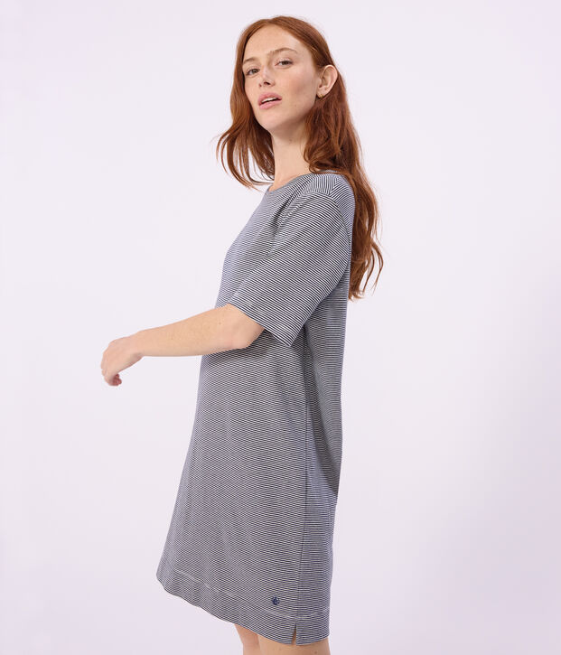 Kurz&auml;rmeliges Damen-Nachthemd aus Baumwolle mit Streifen blau/weiss