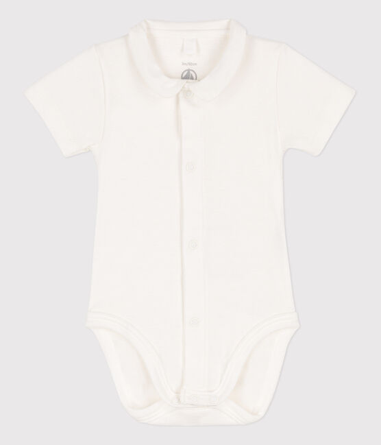Kurzärmeliger Baby-Body aus Bio-Baumwolle mit Kragen weiss MARSHMALLOW