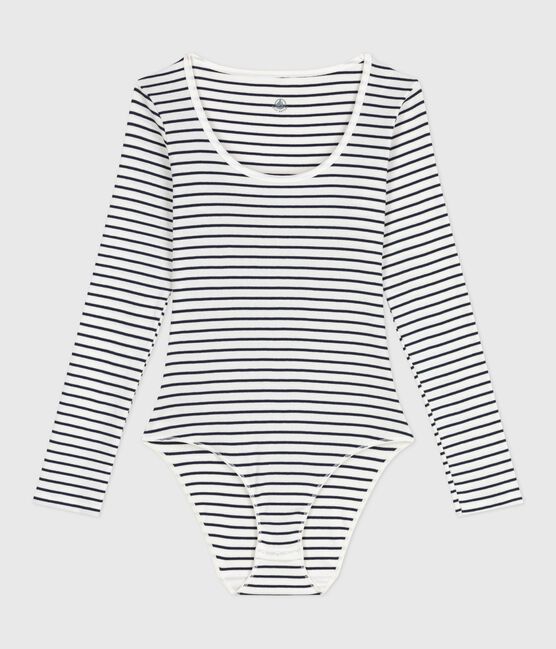 Damen-Body aus Baumwolle und Elastan mit Streifen weiss MARSHMALLOW/blau SMOKING