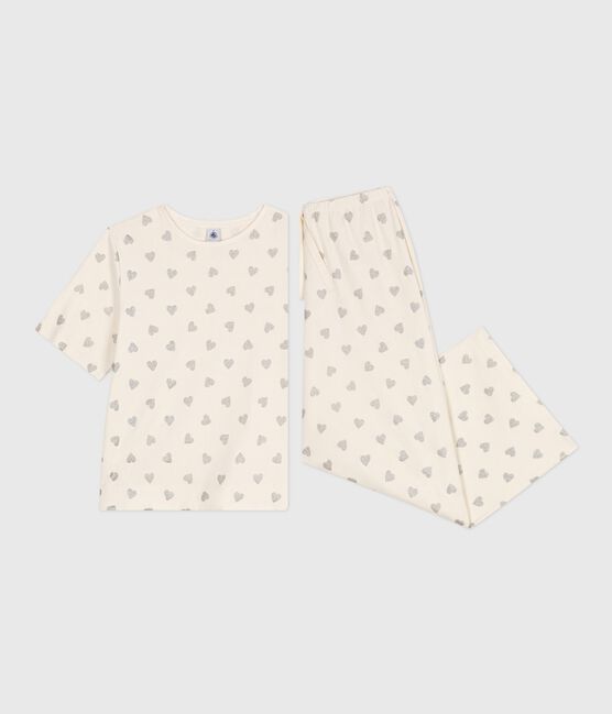Kurzärmeliger Damen-Pyjama mit weitem Bein aus Baumwolle mit Herz-Motiv naturfarben MILK/ ARGENT