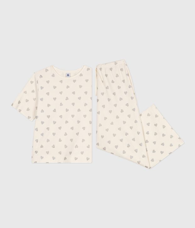 Kurz&auml;rmeliger Damen-Pyjama mit weitem Bein aus Baumwolle mit Herz-Motiv naturfarben/grau