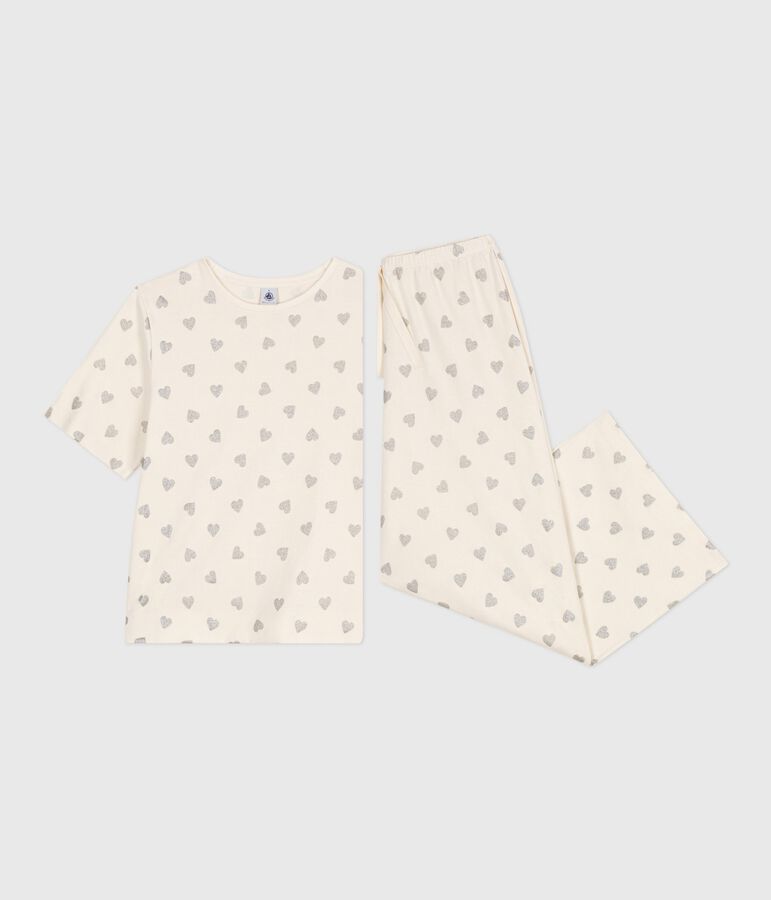 Kurz&auml;rmeliger Damen-Pyjama mit weitem Bein aus Baumwolle mit Herz-Motiv naturfarben/grau