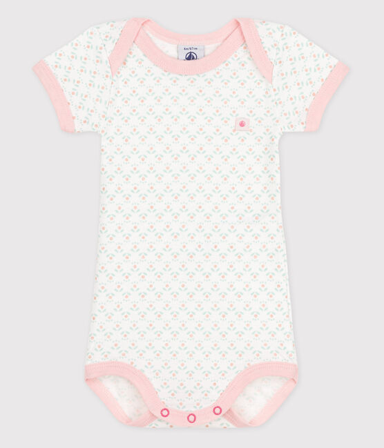 Kurzärmeliger Baby-Body für Mädchen weiss ECUME/weiss MULTICO