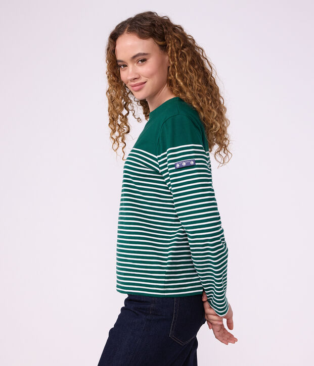 Damen T-Shirt Marini&egrave;re mit Streifen aus Baumwolle gr&uuml;n/weiss