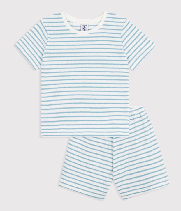 Kinder-Kurzpyjama aus Baumwoll-Frottee mit Streifen weiss/blau