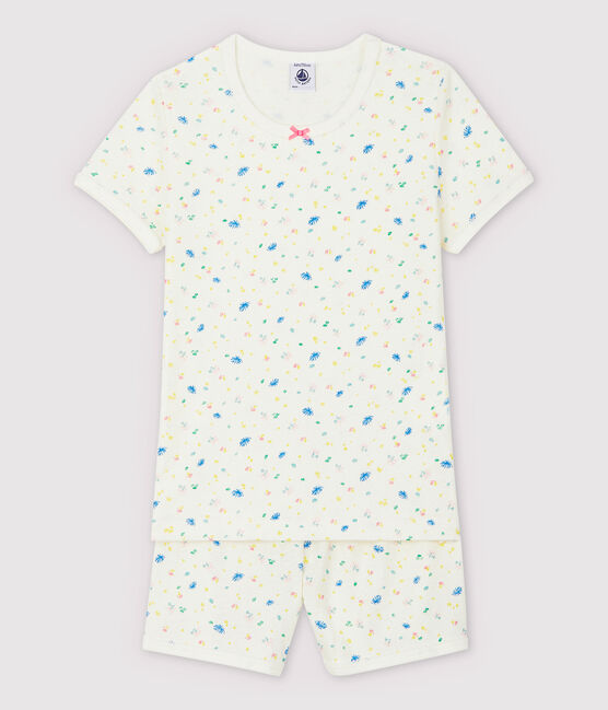 Kinder-Kurzpyjama aus Baumwolle und Leinen mit kleinen Blumen für Mädchen weiss MARSHMALLOW/weiss MULTICO